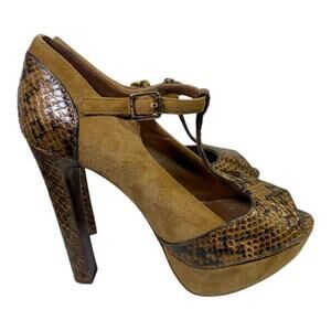 Tory Burch Tan Suede and Snakeskin T-Strap Platform Heels